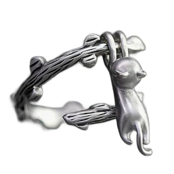 Silver Dangling Cat From Tree Branch Ring Adjustable Kitty - Picture 1 of 9